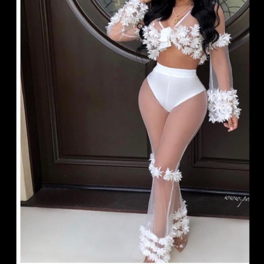 White 2 Piece Sheer Flare Pants Set with Floral Sleeve and Pant Leg
